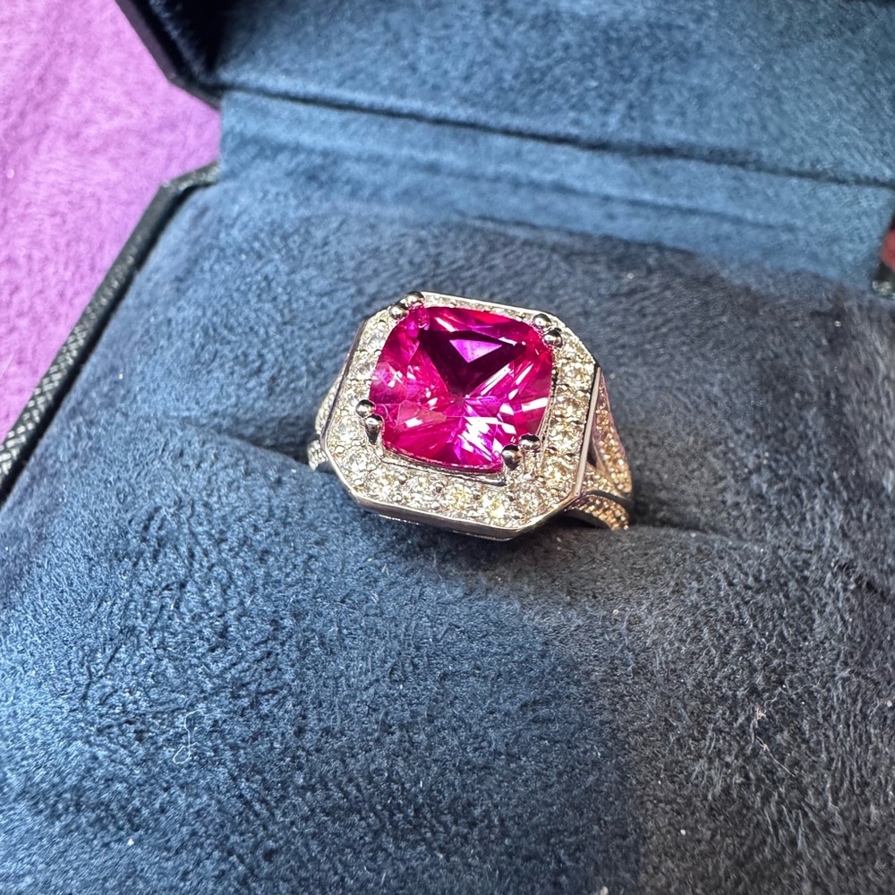 Hot Pink Cushion Cut Gemstone Ring in 18k plated white gold